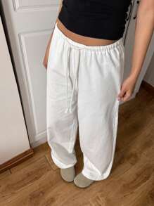 CovetEZ Pantalones casuales rectos y sueltos de mujer con cordón en la cintura, color blanco
