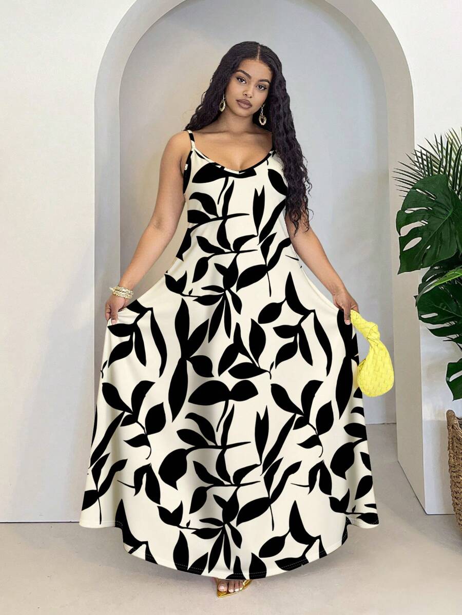 Veslaya Vestido casual de talla grande con de color y estampado de hojas para vacaciones, sin mangas - Blanco y Negro - Ver 1