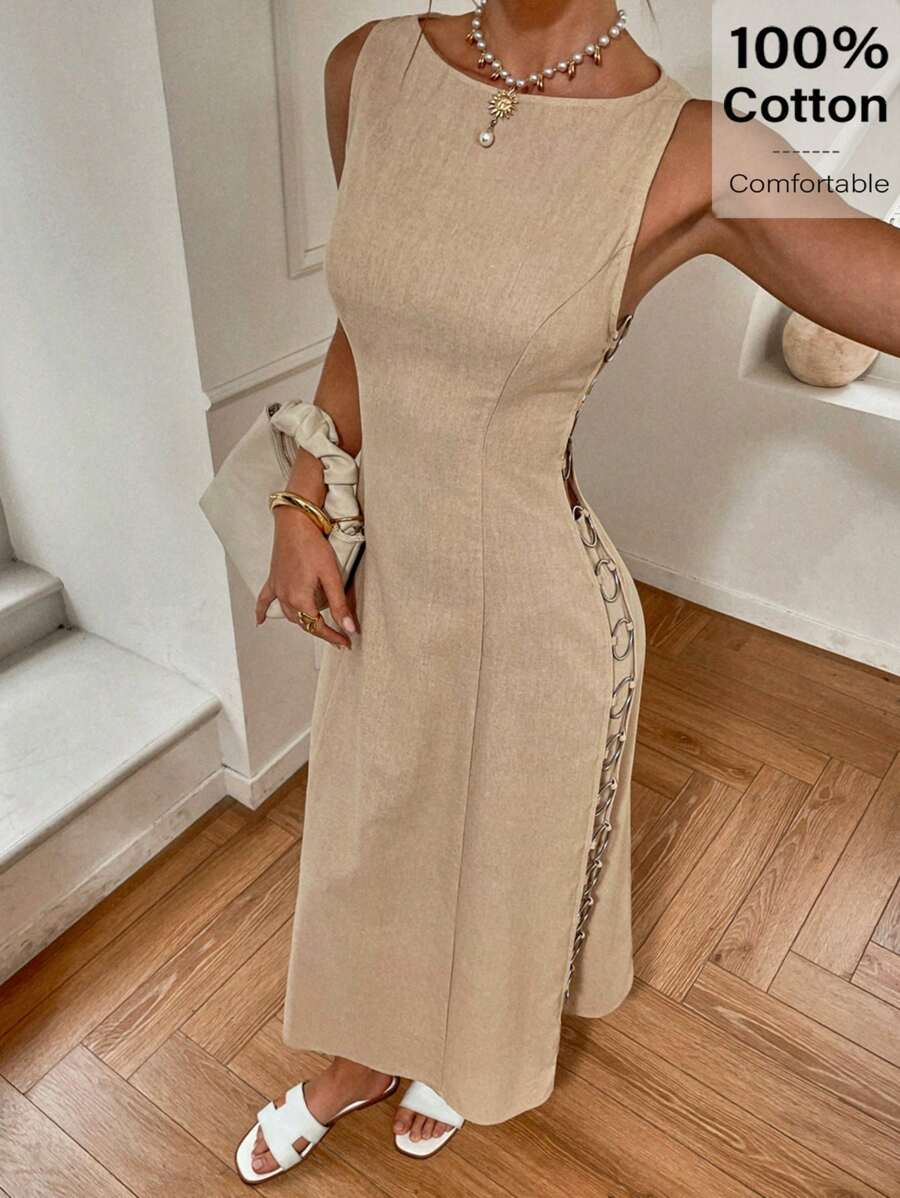 Siren Gaze Vestido casual largo de mujer de unicolor con cuello redondo y anillo lateral en la cintura