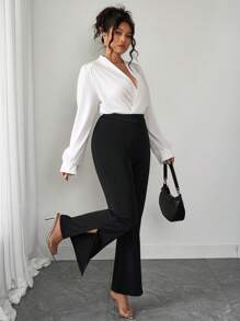 SHEIN Unity Plus Size Women 2pcs Set: Satin Long Sleeve Elastic Flare Pants, Work And Vacation Wear - Black and White - View 3
