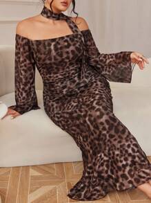 Modelyn Women's Leopard Print Ruffle Trim Mesh Overlay Dress - Coffee Brown - View 1