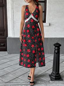 Pariaura Vestido casual de playa y verano para mujer con estampado floral, escote en V, encaje de contraste y sin mangas