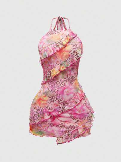 ROMWE Avant Vestito da donna in stile retrò Y2K da vacanza al mare, con stampa floreale e di leopardo