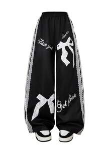 Sparklyn 1 pieza Pantalones anchos de cintura alta sueltos con estampado de lazo y decoración de encaje blanco para niña/adolescente, ropa de calle casual y elegante para primavera/verano