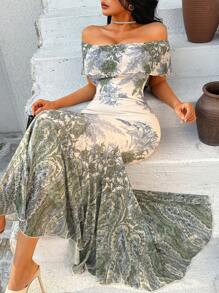 DAZY Abito aderente in raso con spalle scoperte a sirena, outfit da vacanza per donna - Verde - Visualizzare 6