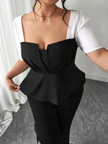 Elenzga Camisa negra y blanca con diseño de empalme para mujer talla grande, elegante para el trabajo, diseño 2 en 1, cintura estilizante, top disimulador - Blanco y Negro - Ver 7