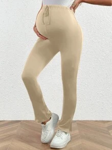 SHEIN Legging Hamil Kasual Warna Polos dengan Pinggang Elastis yang Dapat Diatur - Aprikot - View 4