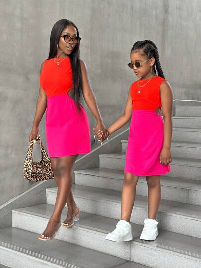 SHEIN Vestido de tirantes con cintura calada y empalme de colores contrastantes para niñas preadolescentes, uso casual diario para vacaciones, conjuntos a juego mamá e hija (se venden por separado 2 piezas)