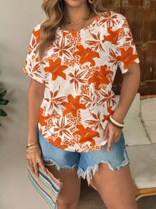 Ayrana Barboza maglietta casual a maniche corte a collo tondo minimalista per taglie forti, con stampa floreale adatta per l'estate