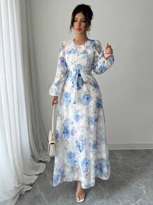 Modelyn Women Woven Printed Long Sleeve Waist-Cinched A-Line Floral Print Dress Long Evening Dresses Fall Cloth For Women