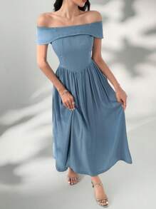 DAZY فستان جينز قصير الأكمام متساقط الكتف للنساء - أزرق فاتح - مشاهدة 2