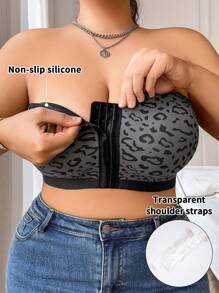 Women Plus Size Seamless Wireless Front-Clasp Padded Cami Bra, Leopard Print Wave Edge, Sexy