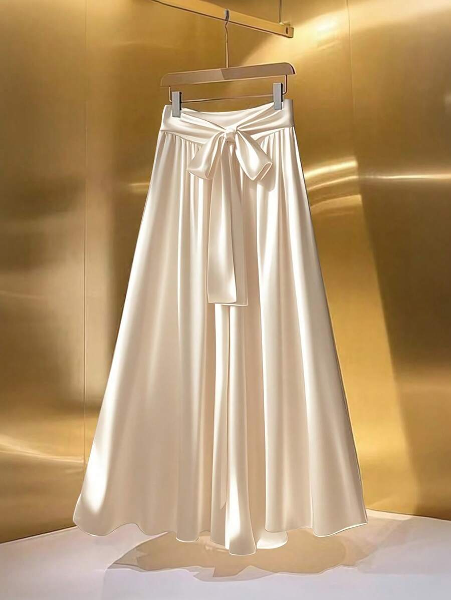 SHEIN Clasi Women's Bowknot Waist Pleated Elegant Casual Pants For Home And Outdoor - Apricot - View 1