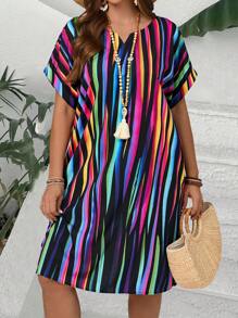 EMERY ROSE Plus Size Women Colorful Striped Short Sleeve Bat Wing Dress, Gifts For Mother,Summer Holiday,Vacation Outfits Women,Simple And Fashionable For Everyday Wear,Vacay Vibes,Springbreak,Casual Wear SS,Bohemia,Sun Dresses For Women