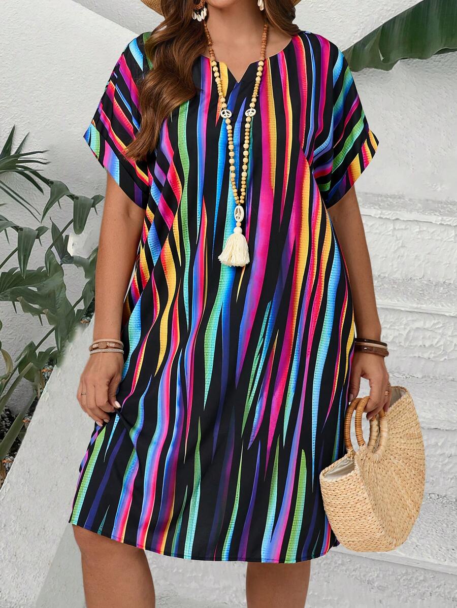 EMERY ROSE Plus Size Women Colorful Striped Short Sleeve Bat Wing Dress, Gifts For Mother,Summer Holiday,Vacation Outfits Women,Simple And Fashionable For Everyday Wear,Vacay Vibes,Springbreak,Casual Wear SS,Bohemia,Sun Dresses For Women