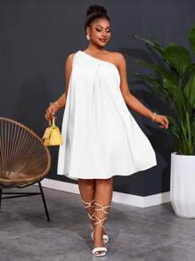 Slaydiva Plus Size Women's One Shoulder Sleeveless Solid Color Dress,Summer Outfits For Women,Sun Dresses For Women