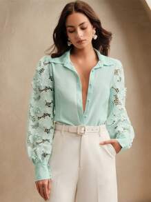 Anewsta 优雅镂空花卉蕾丝边休闲衬衫上衣，适合春季、夏季、节日、假日、度假 - 藍色 - 查看 5