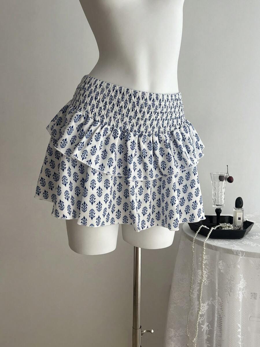 Elamini Women Drawstring Waist Minimalist A-Line Skirt, Suitable For Summer - Blue - View 1