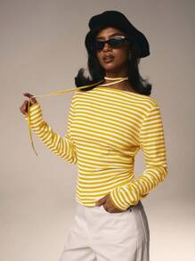 Athîral Valentine's Day-Women's Casual Stripe Round Neck Long Sleeve T-Shirt, Autumn - Yellow - View 5