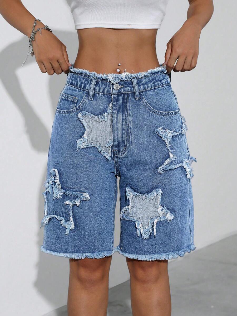 SHEIN ICON Embroidered Washed Denim Capri Pants, Fashionable For Summer - Medium Wash - View 1