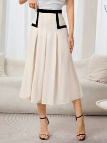 Modelyn Women's Contrast Color Trim Asymmetric Elegant Fashion Skirt - Black and White - View 3