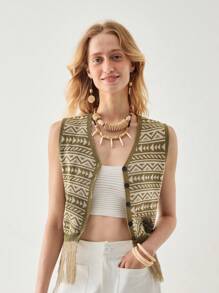 Florisole Bohemian Style Knitted Pullover Top With Jacquard Contrast Color Vintage Fringed Vest - Olive Green - View 6