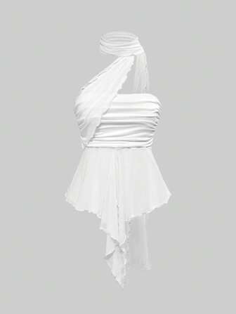 Goth Top bandeau con bufanda de malla con fruncidos desmontable, sofisticado y sexy para mujer de la Y2K