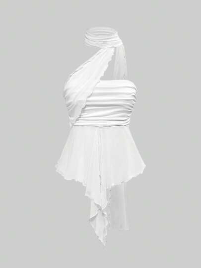 Goth Top a fascia da donna sofisticato e sensuale nello stile Y2K, con sciarpa in rete rimovibile e effetto drappeggiato