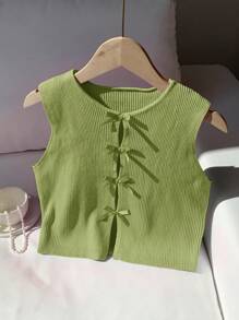 Comfortcana Bowknot Detail Ribbed Knit Sleeveless Hollow Top - Green - View 3