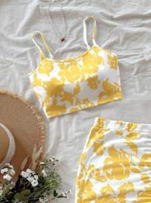 Soleia 2 Stücke Set mit Camisole und Minirock für Damen mit Blumenmuster, lässige Sommer-/Urlaubskleidung