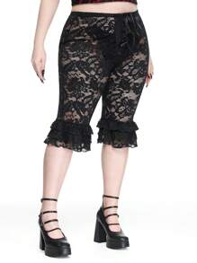 ROMWE Grunge Punk Gothic Lace Sexy & Romantic Ball Gown Cake-Shaped Skirt, Layered & Bow Decor, Sheer Tie Waist, Plus Size Black Leggings, For Graduation Season - Black - View 1