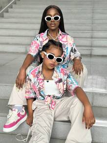 SHEIN Tween Girl Graffiti Print Shirt, Mommy And Me Matchinget (2 Pieces Sold Separately)