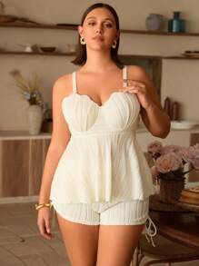 Swim Chiccia 2 件套加大码女式比基尼套装 - 白色贝壳图案短款泳衣上衣和配套短裤，度假泳装 - 米色 - 查看 6