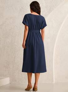 MaterniWear Solid Color Maternity V-Neck Batwing Sleeve Elegant Dress - Navy Blue - View 2