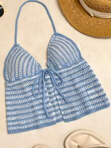 INAWLY Women's Vacation Striped Tie Front Cropped Halter Neck Knit Top - Multicolor - View 3