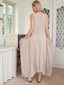 LanaWest 女式简约纯色V领宽松连衣裙，夏季 - 卡其色 - 查看 2