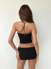 SHEIN ICON 2pcs/Set Black & White Striped Casual Halter Neck Crop Top And Mini Low Waist Skirt Island Vacation Outfits