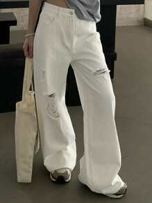 DAZY Women Casual Versatile Solid Color Distressed Denim Jeans,Baggy Jeans