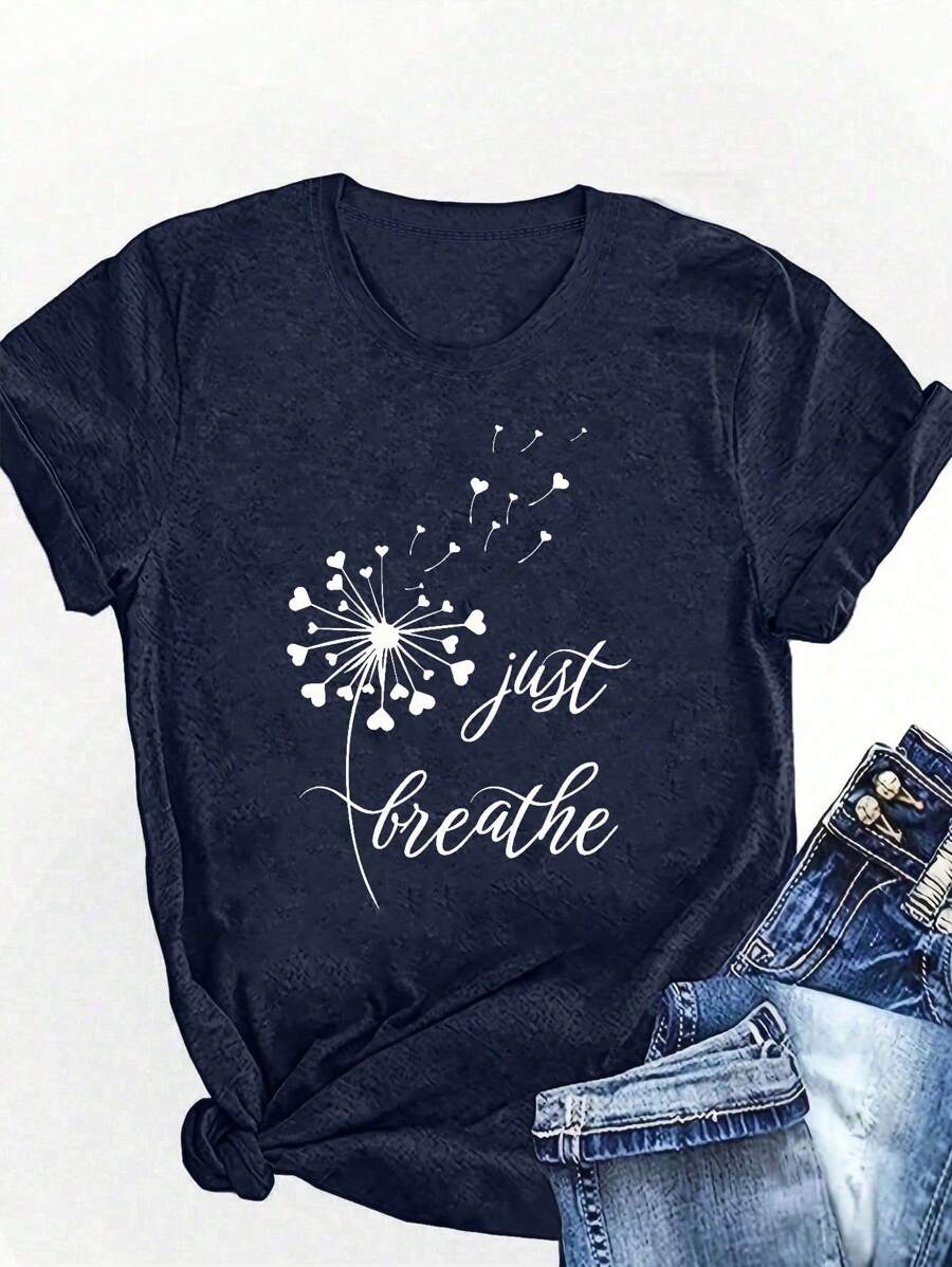 SHEIN CURVE+ 加大码蒲公英印花和字母印花夏季女式圆领T恤图案T恤女式上衣 - 藍色 - 查看 1