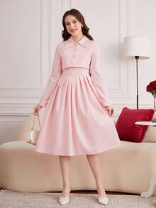 2 件套少女/年轻女士套装：优雅复古梭织修身褶皱中长连衣裙，配有吊带和短袖翻领夹克，秋冬 - 粉色 - 查看 1