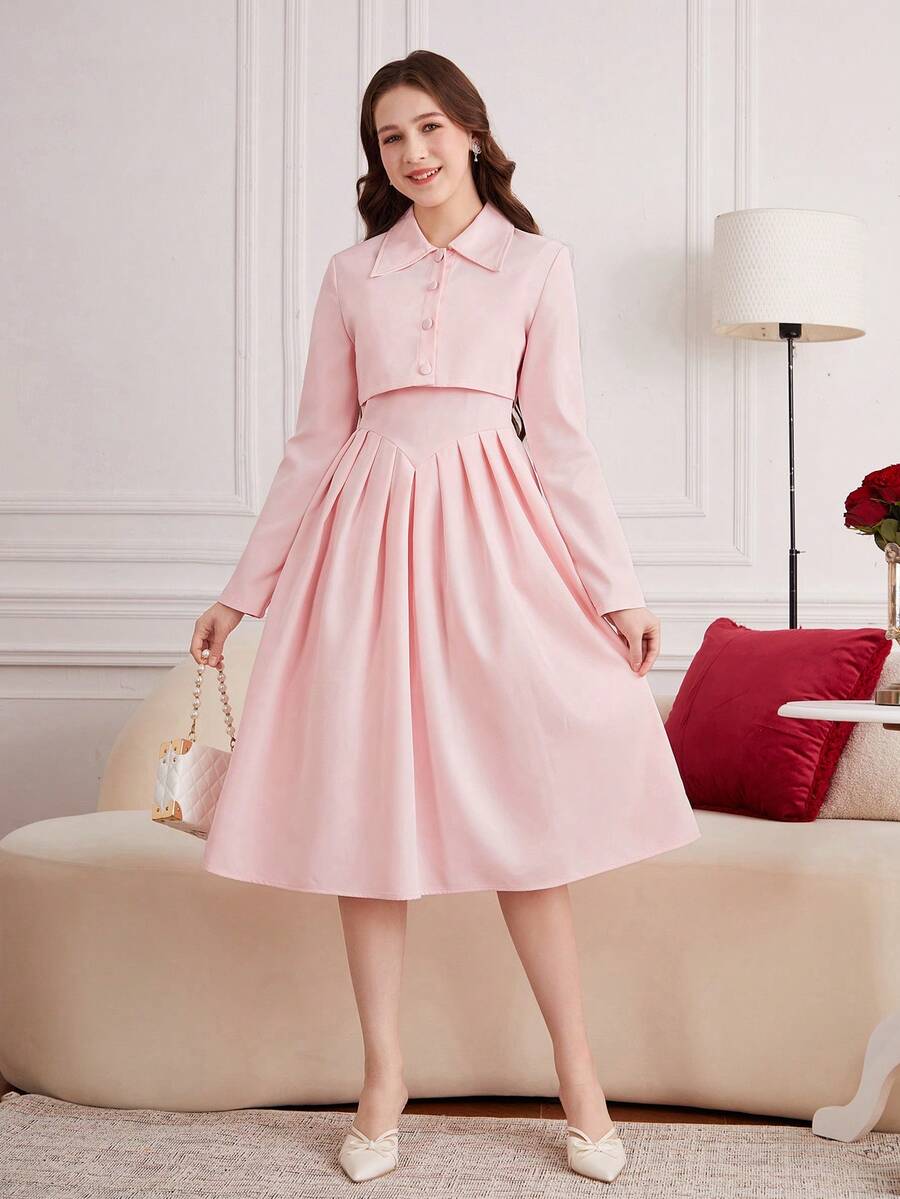 2 件套少女/年轻女士套装：优雅复古梭织修身褶皱中长连衣裙，配有吊带和短袖翻领夹克，秋冬 - 粉色 - 查看 1