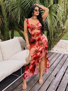 SHEIN SXY Vestido elegante de verano con estampado floral retro en tela de malla, con volantes en el bajo y abertura alta, para mujer - para vacaciones/cumpleaños/citas/fiestas/carnaval/graduación/baile