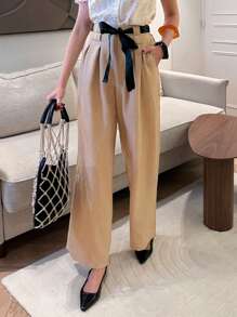 Chiquease Casual Versatile Solid Color Contrast Waist Band Wide Leg High Waist Women Pants Fall Cloth For Women - Khaki - View 3