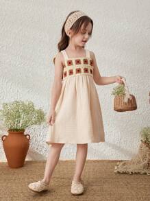 Blossori Young Girls Linen Floral Lace Trim Camisole Dress For Vacation - Khaki - View 6
