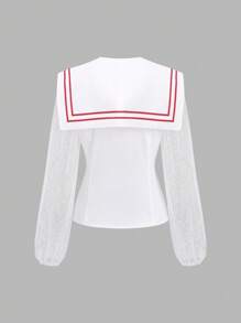 Sweetra French Style Contrast Trim Collared Shirt, Single-Breasted Refreshing Blouse For Women, Versatile - White - View 2