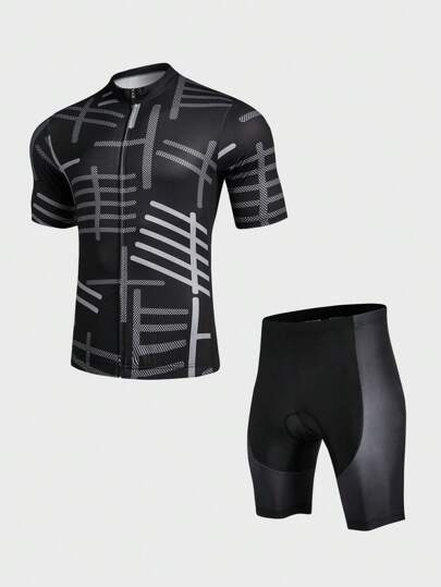 Manfinity Sport Corelite 男士透气全印花拉链短袖上衣和短裤骑行运动套装