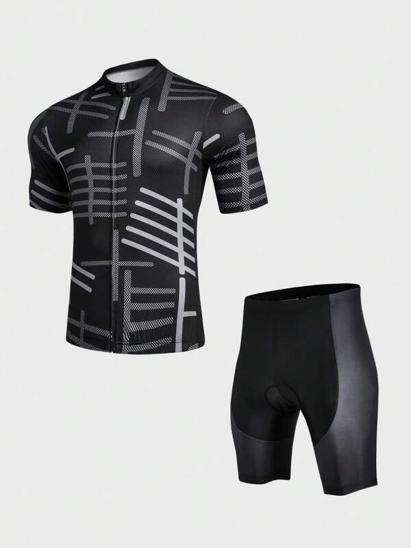 Manfinity Sport Corelite Herren atmungsaktives, komplett bedrucktes Zip-Up Kurzarm Top und Shorts Radfahren Sport Set