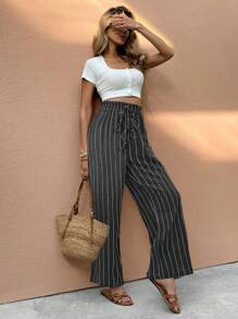 SHEIN Frenchy Women's Striped Print Drawstring Waist Casual Straight Leg Pants, Holiday Season Work Pants Summer