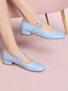 CUCCOO DOLLMOD 女士时尚金属银色玛丽珍低跟粗跟鞋