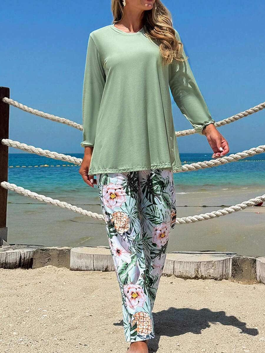 Swim Mulvari Women's Solid Loose Long Sleeve Drawstring Top And Random Print Long Pants Two Pieces Tankini Set - Multicolor - View 1